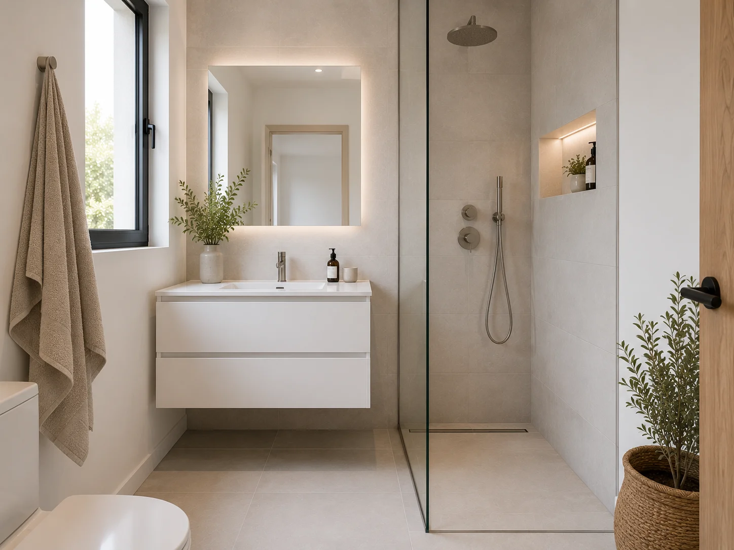 Baño familiar donde la bañera se sustituyó por una ducha amplia con mampara de vidrio