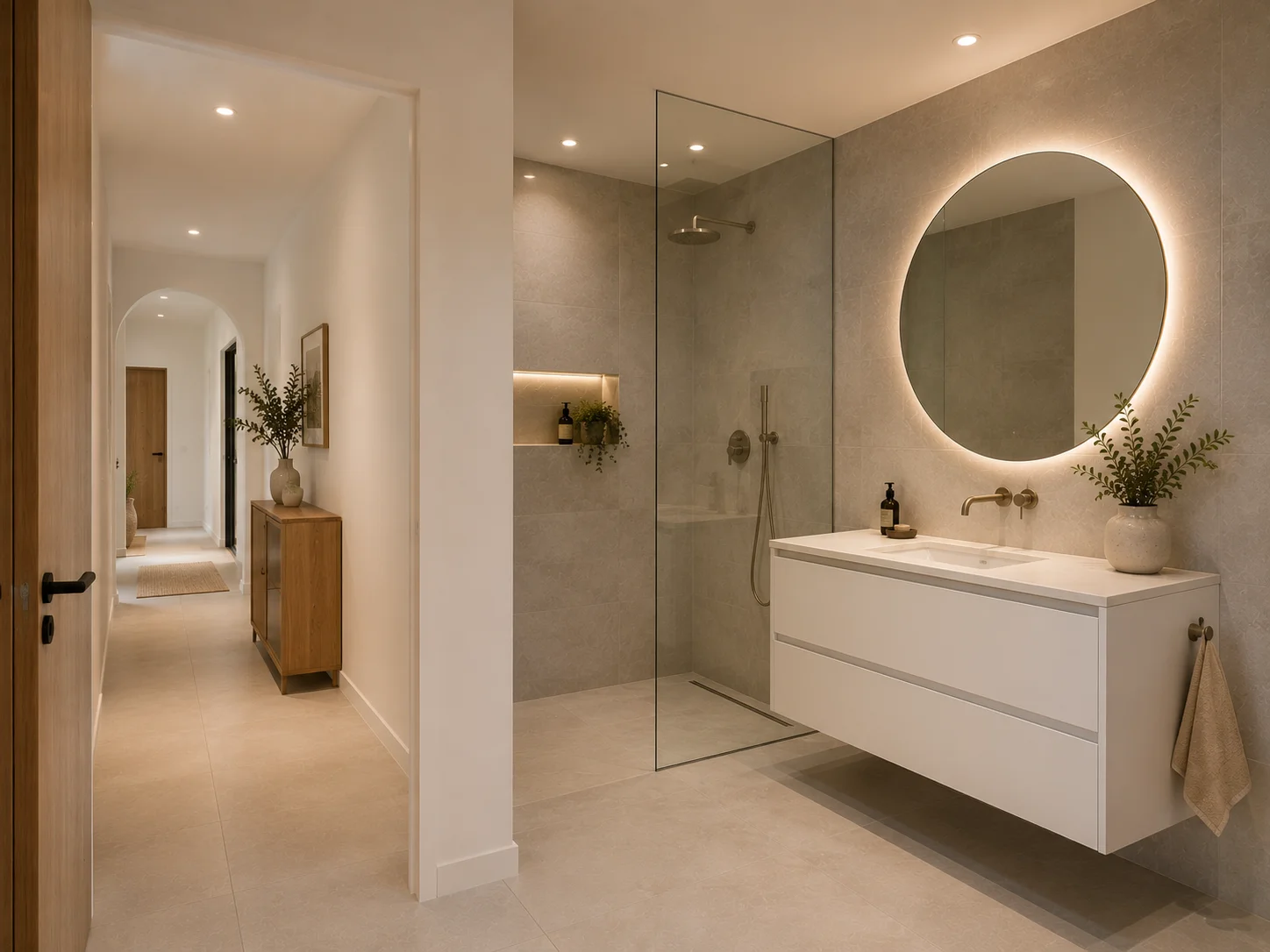 Ducha abierta con panel de vidrio fijo y pavimento continuo en un baño reformado de Tomares