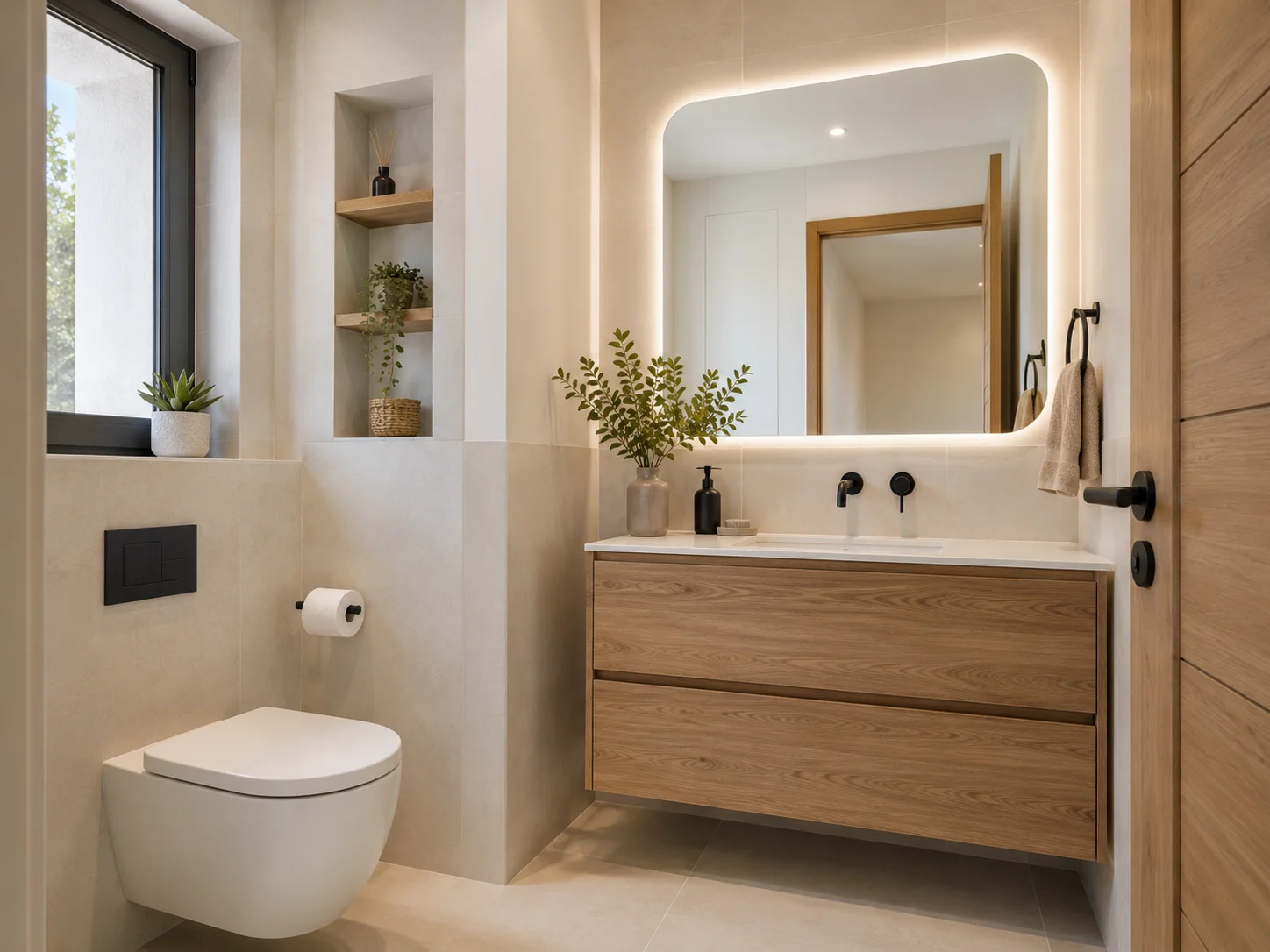 Baño de vivienda en alquiler renovado con ducha y acabados neutros fáciles de mantener