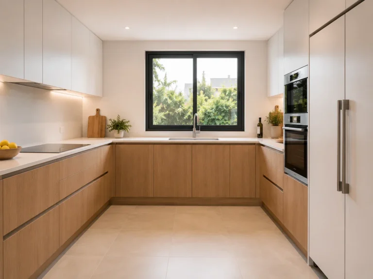 Cocina en U reformada en vivienda de Mairena del Aljarafe