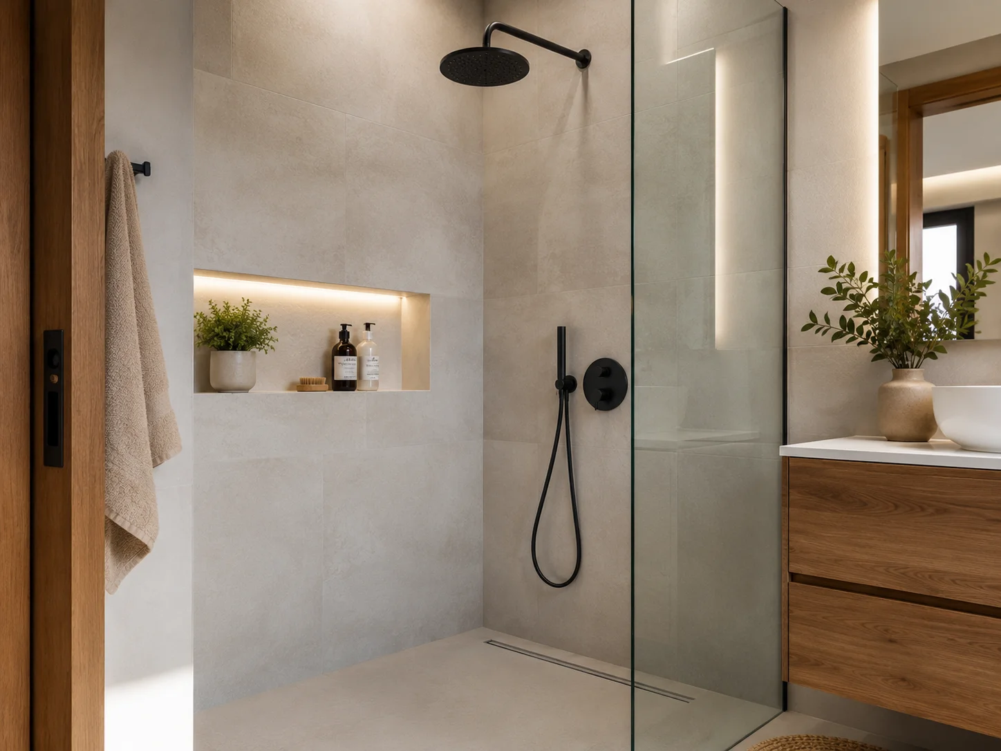 Ducha de obra enrasada con el suelo y mampara fija tras retirar la bañera