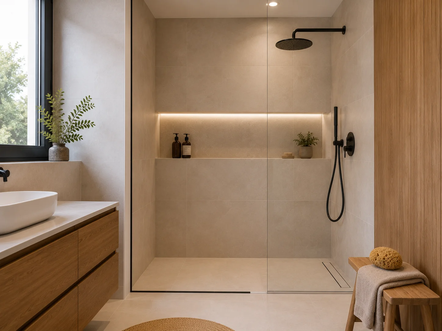 Ducha de obra terminada con revestimiento continuo en un baño reformado en Gines por Reformas Anjo