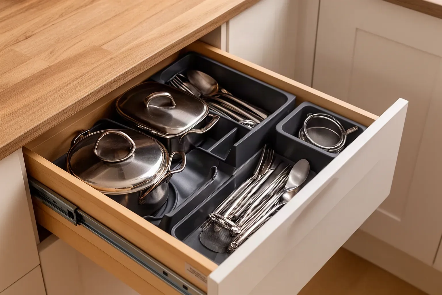 Cajones de cocina abiertos con organizadores interiores en una cocina pequeña