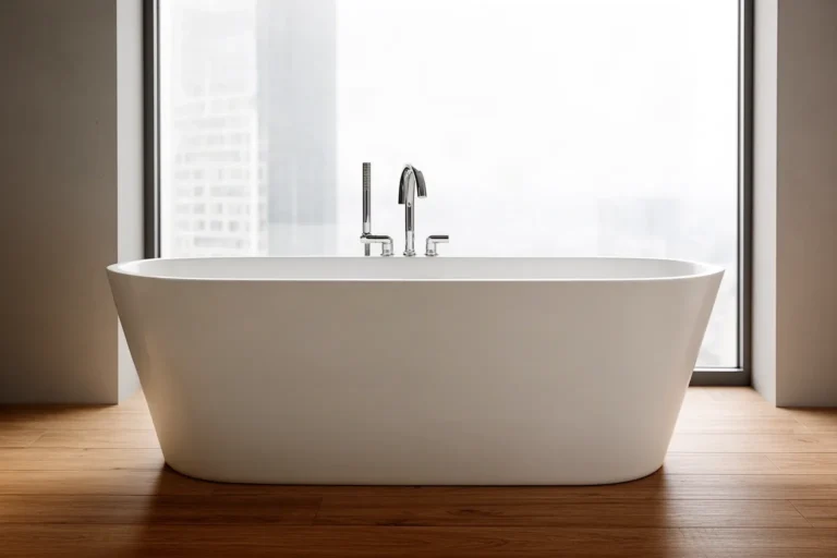 Bañera exenta blanca en un baño moderno con grifería de pie