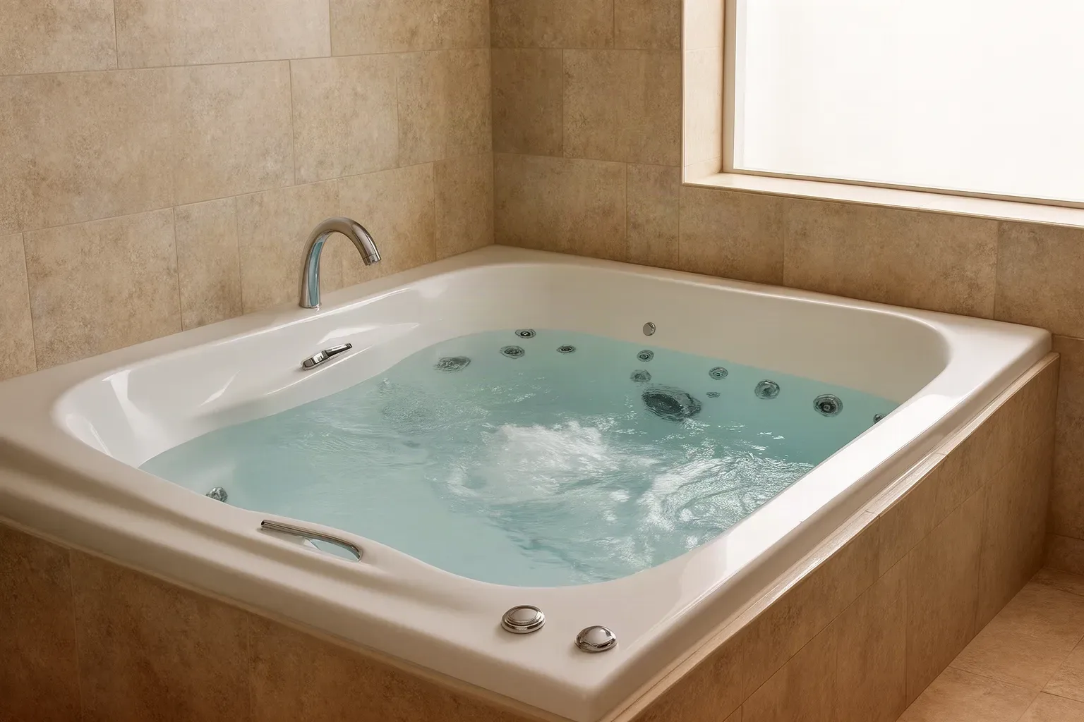 Bañera de hidromasaje empotrada en un baño amplio con iluminación suave