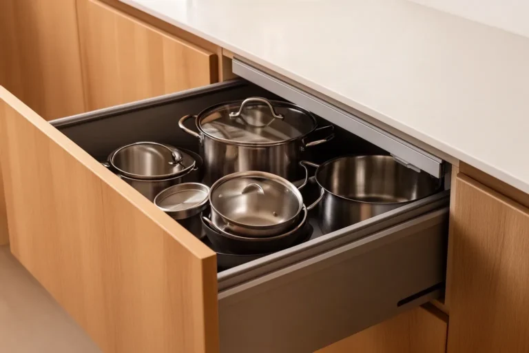 Cajones grandes en los bajos de la cocina con ollas y sartenes ordenadas