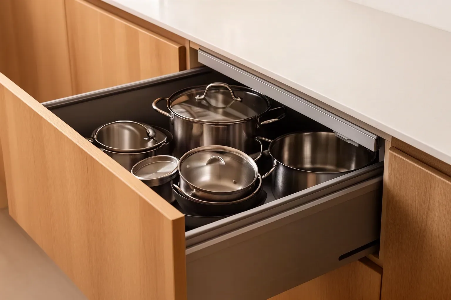 Cajones grandes en los bajos de la cocina con ollas y sartenes ordenadas