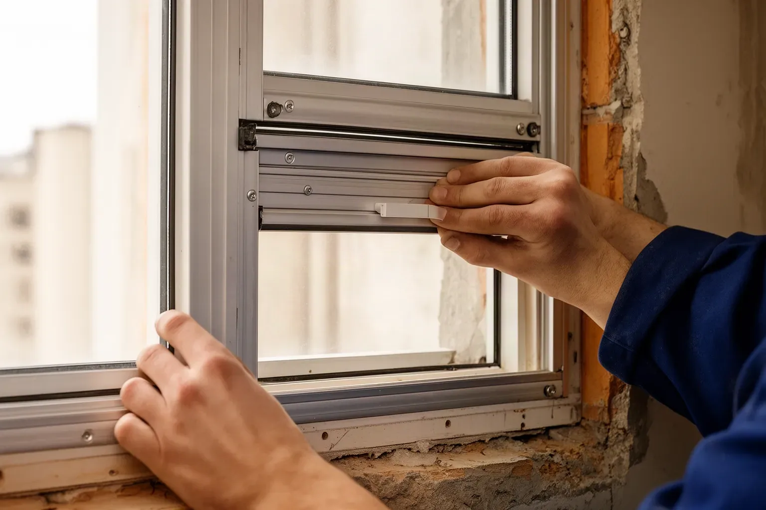 Operario instalando una ventana nueva de aluminio con persiana en una vivienda
