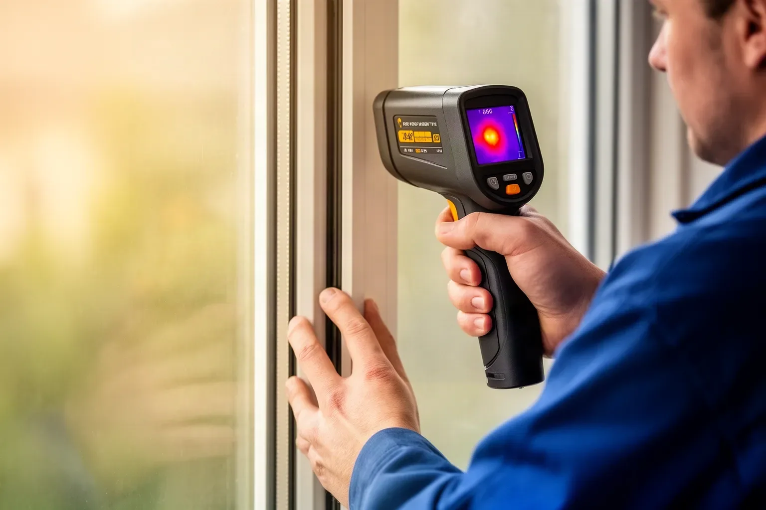 Técnico revisando una ventana nueva para el certificado energético de la vivienda