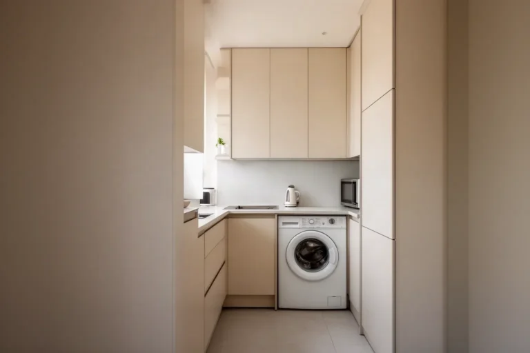 Cocina pequeña lineal bien distribuida con muebles altos hasta el techo