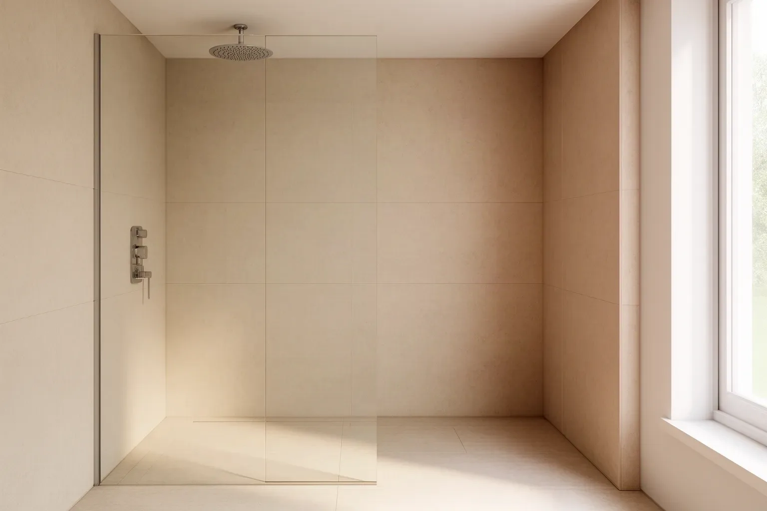 Ducha walk-in amplia con panel de cristal fijo y rociador de techo