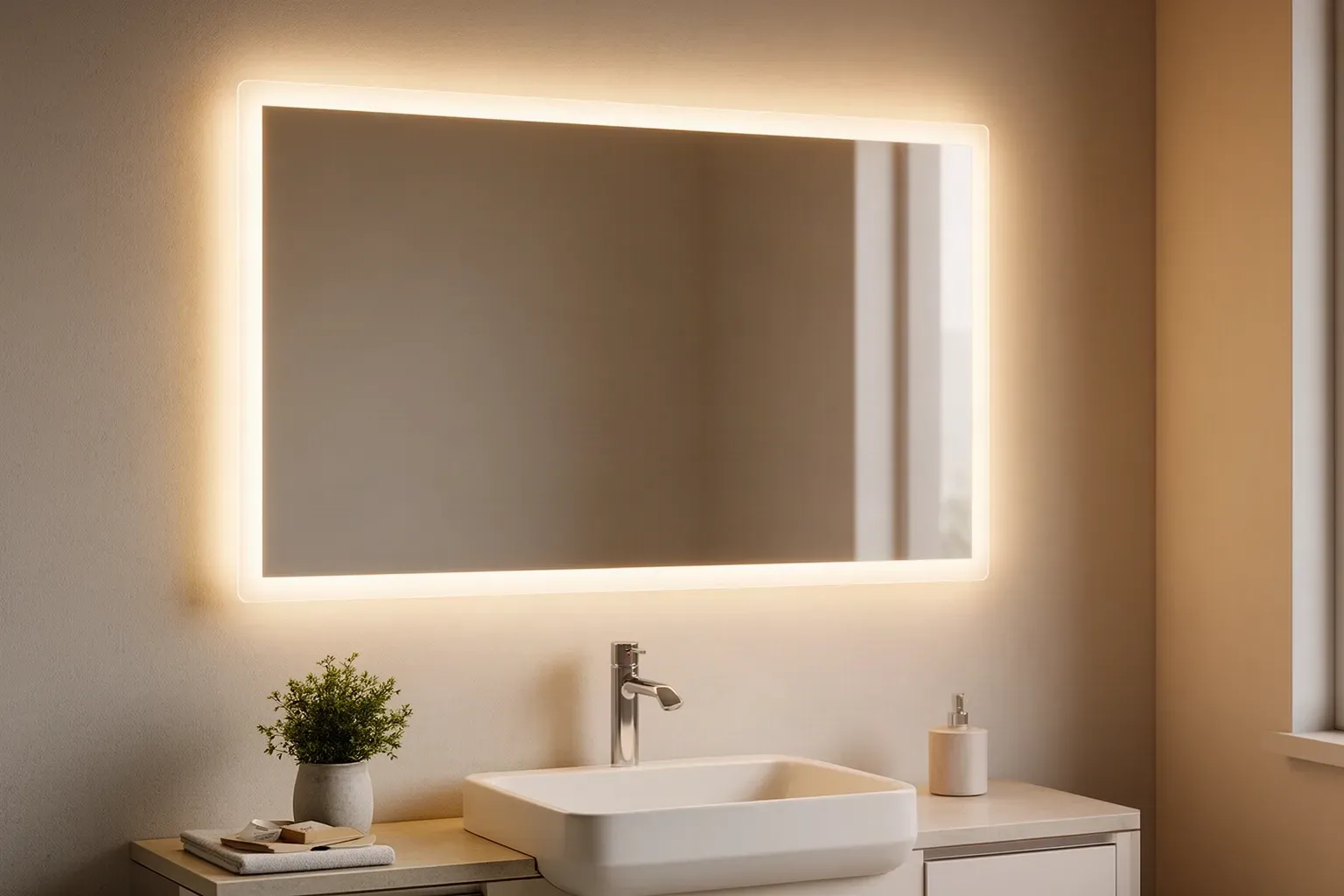 Espejo de baño con luz LED integrada encendida sobre el lavabo