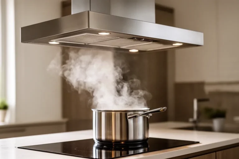 Campana extractora de acero sobre la placa de una cocina moderna