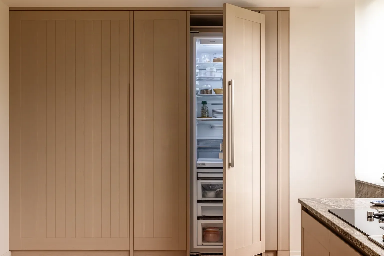 Frigorífico integrado en una columna de cocina con puerta panelada