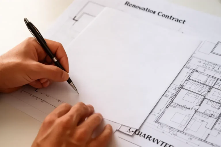Firma de un contrato de reforma con garantías sobre una mesa con planos