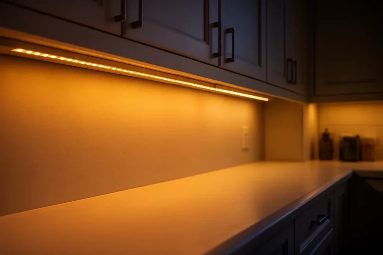 Tira de luz LED bajo los muebles altos iluminando la encimera de la cocina