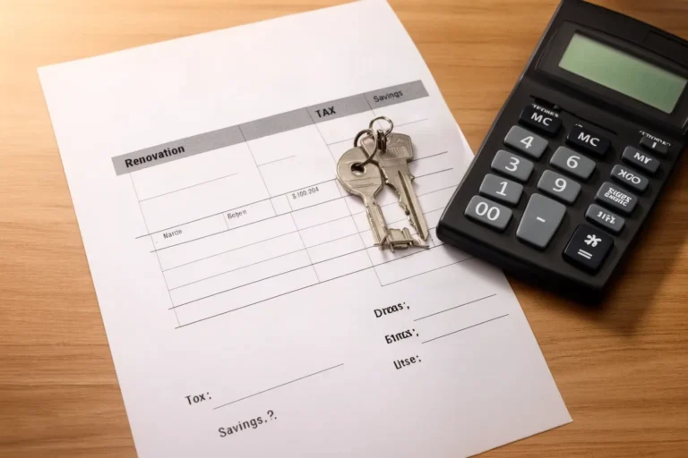 Factura de reforma, calculadora y llaves de una vivienda sobre la mesa