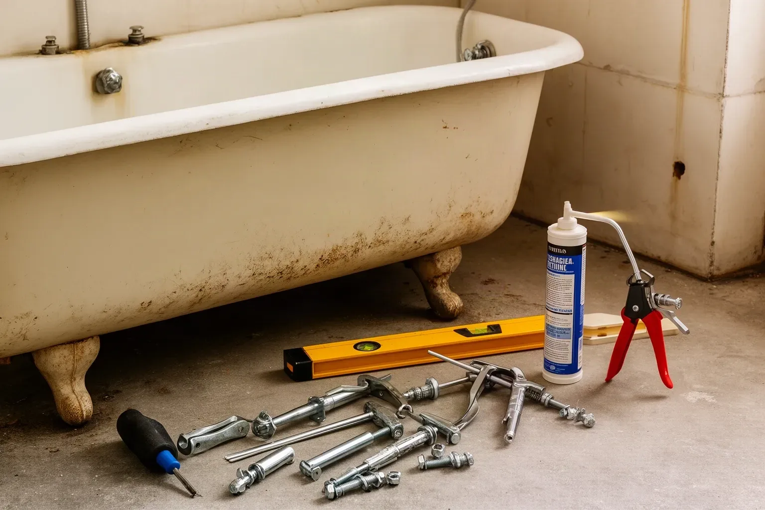 Herramientas de bricolaje y piezas de un kit junto a una bañera antigua