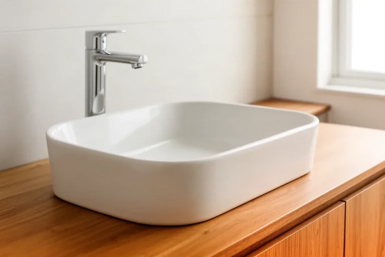 Lavabo de cerámica colocado sobre una encimera de madera en un baño