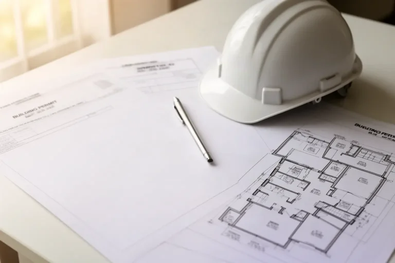 Documentos de licencia de obra y planos sobre una mesa con un casco