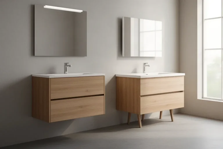 Mueble de baño suspendido junto a otro con patas en una exposición