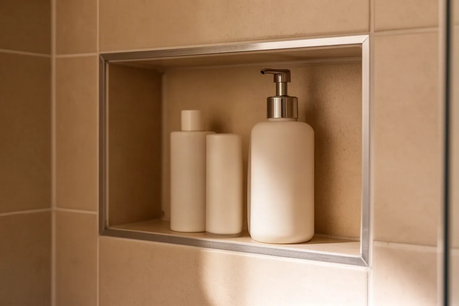 Hornacina empotrada en la pared de la ducha con productos de baño
