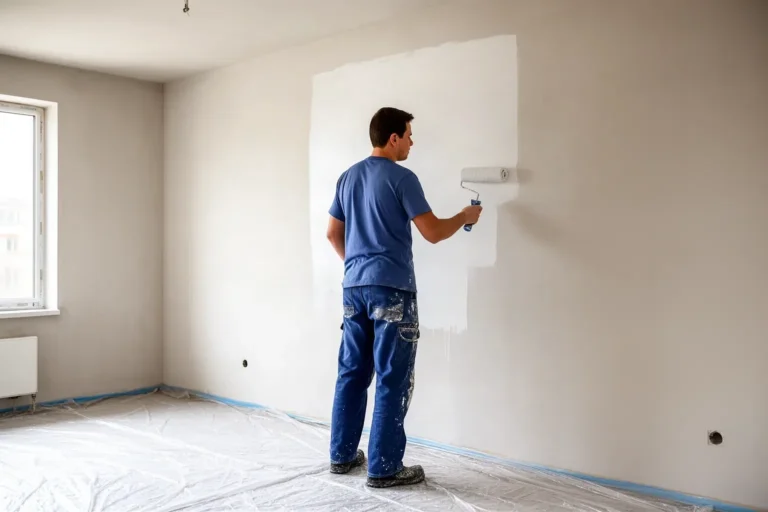 Pintor pintando con rodillo las paredes de una vivienda recién reformada