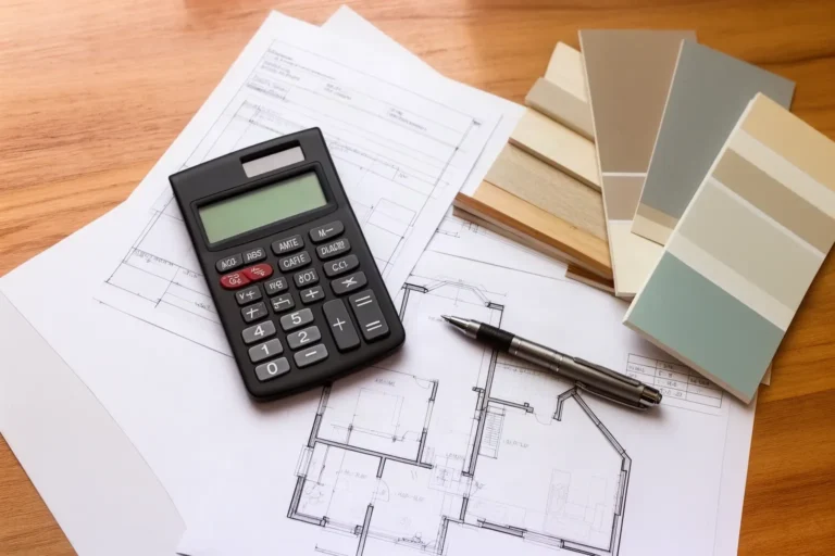 Calculadora, planos y muestras de materiales para planificar el presupuesto de una reforma