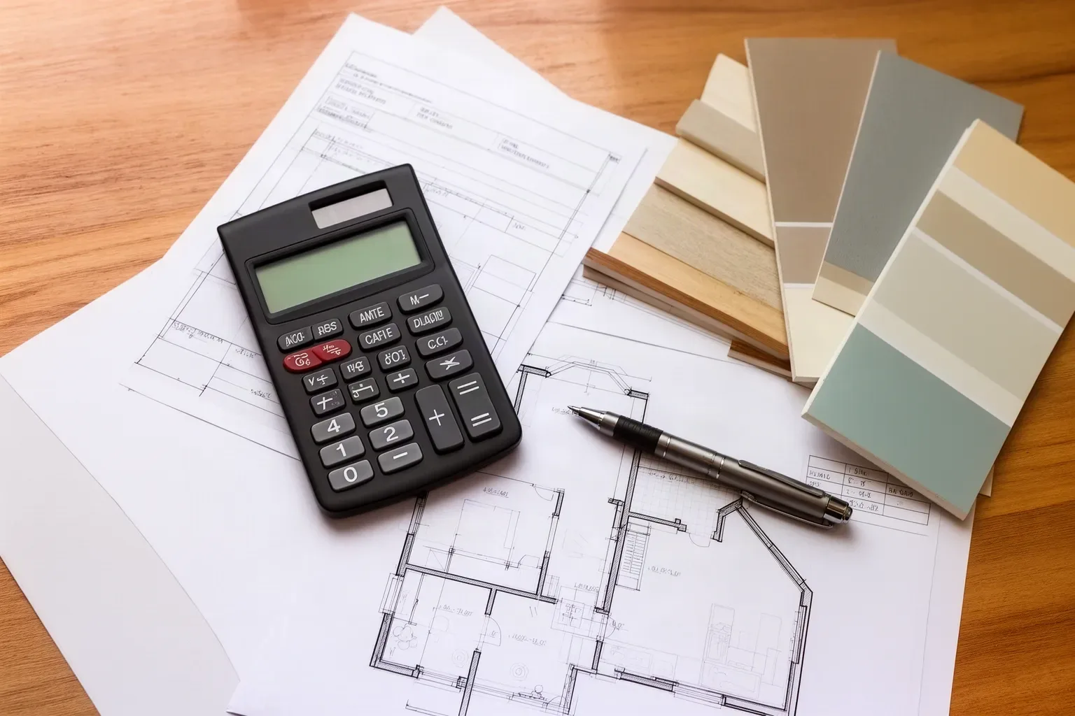 Calculadora, planos y muestras de materiales para planificar el presupuesto de una reforma