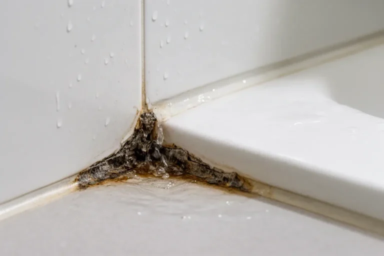 Agua filtrándose por la junta de un plato de ducha deteriorada