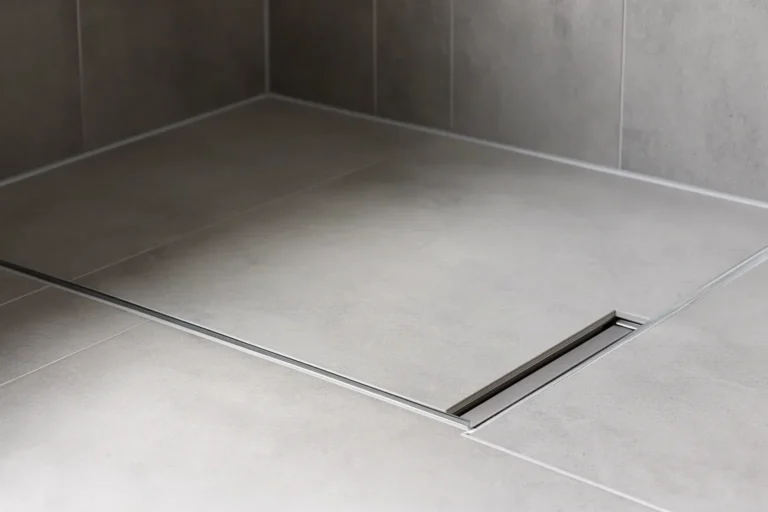 Plato de ducha extraplano a ras de suelo en un baño con azulejo gris