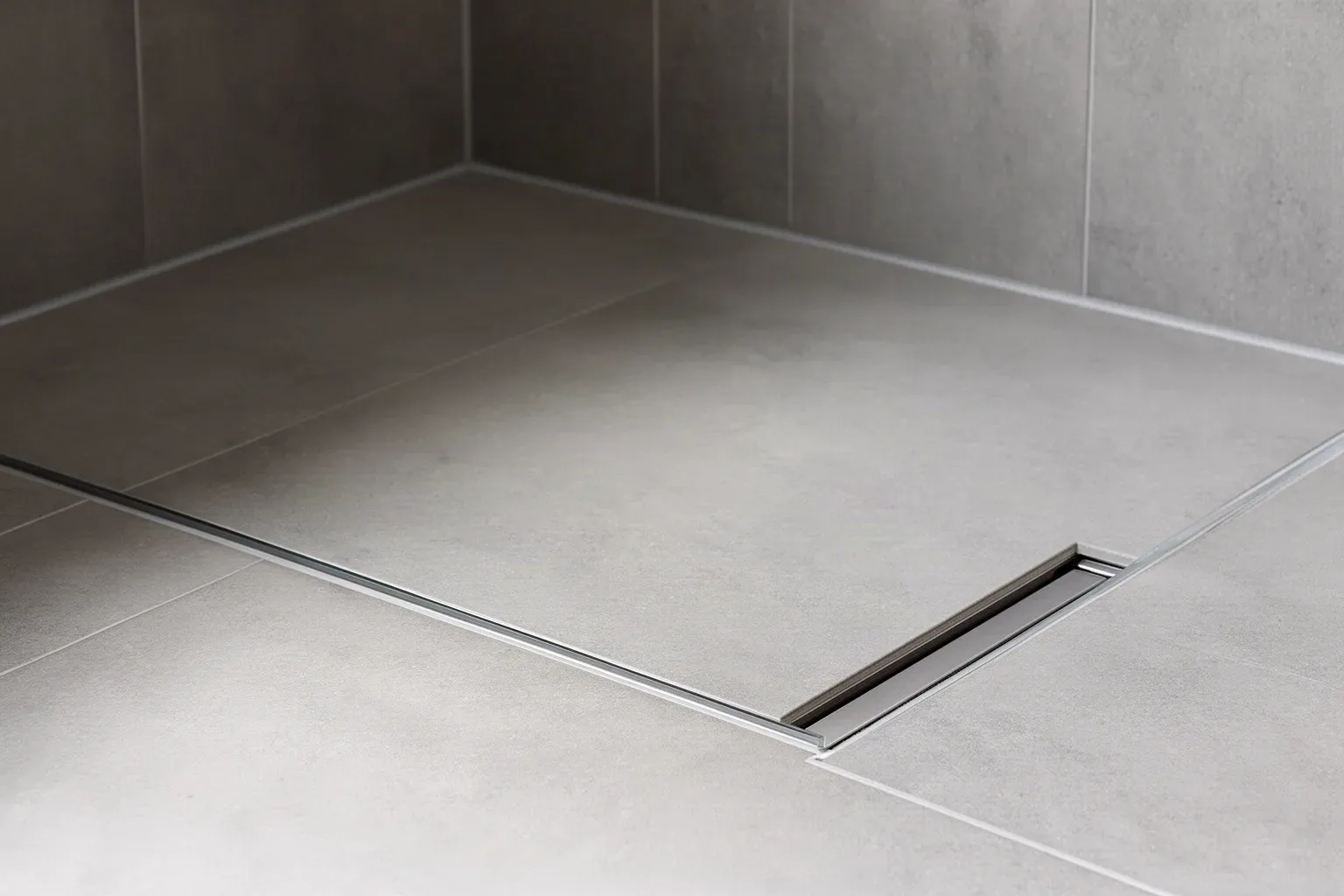 Plato de ducha extraplano a ras de suelo en un baño con azulejo gris