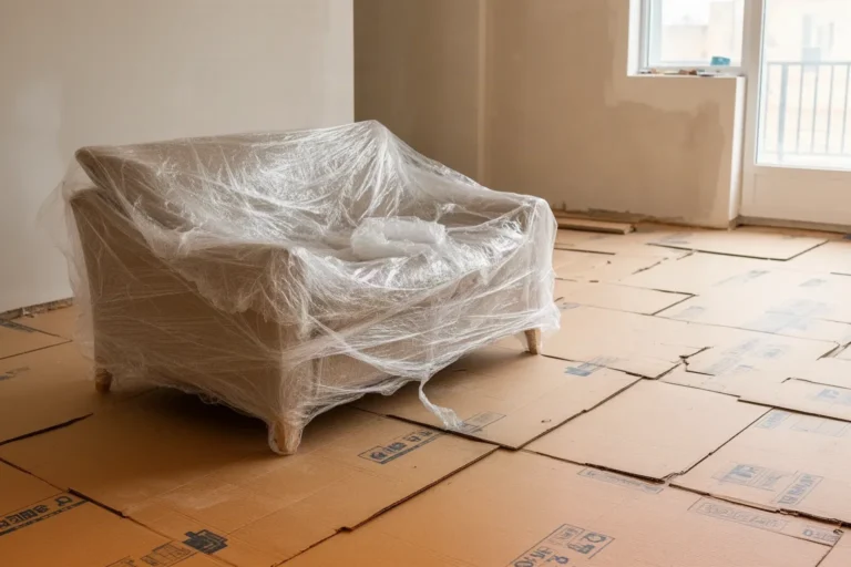 Suelo cubierto con cartón protector y muebles envueltos en plástico durante la obra