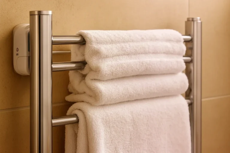 Radiador toallero eléctrico con toallas dobladas en la pared de un baño