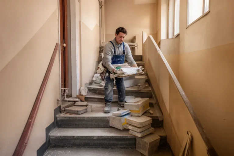 Escalera de un edificio de viviendas con material de obra protegido