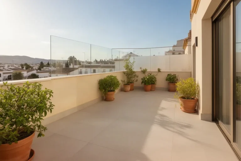 Terraza reformada con suelo nuevo, plantas y cerramiento de cristal