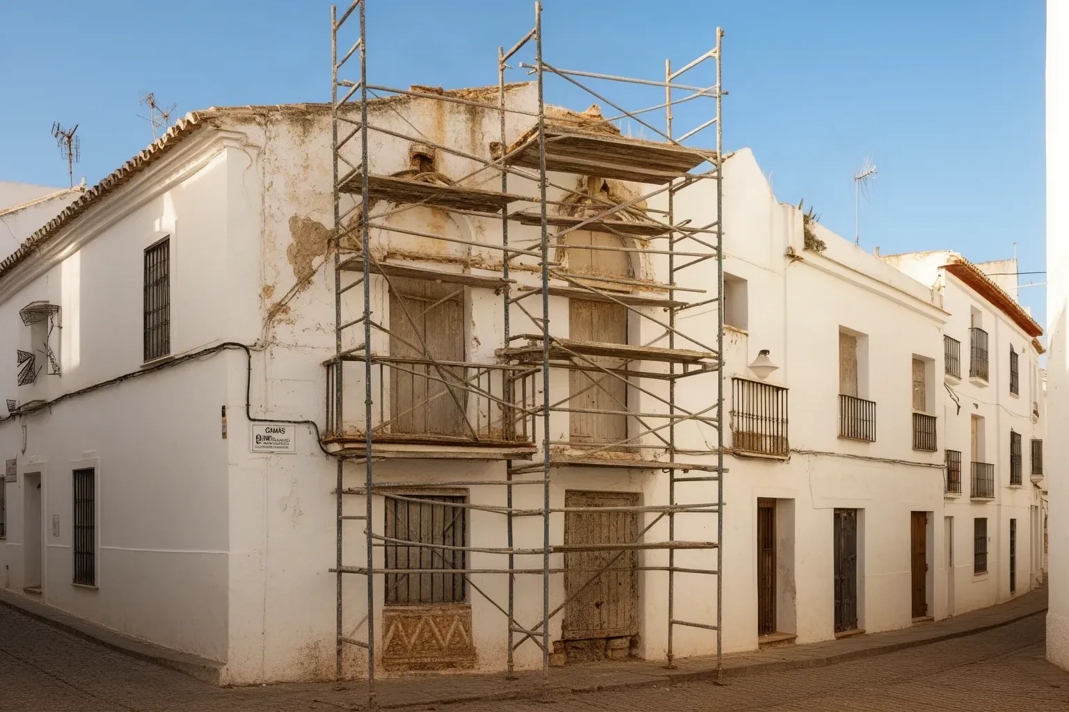 Calle de casas encaladas en Camas con una fachada en obra