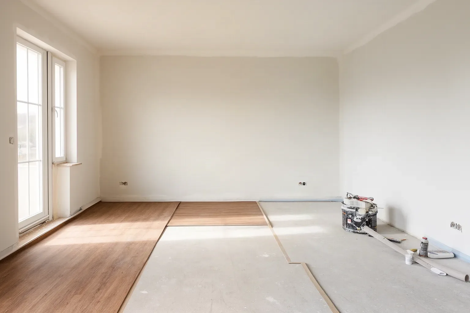 Reforma económica de un salón con pintura nueva y suelo vinílico