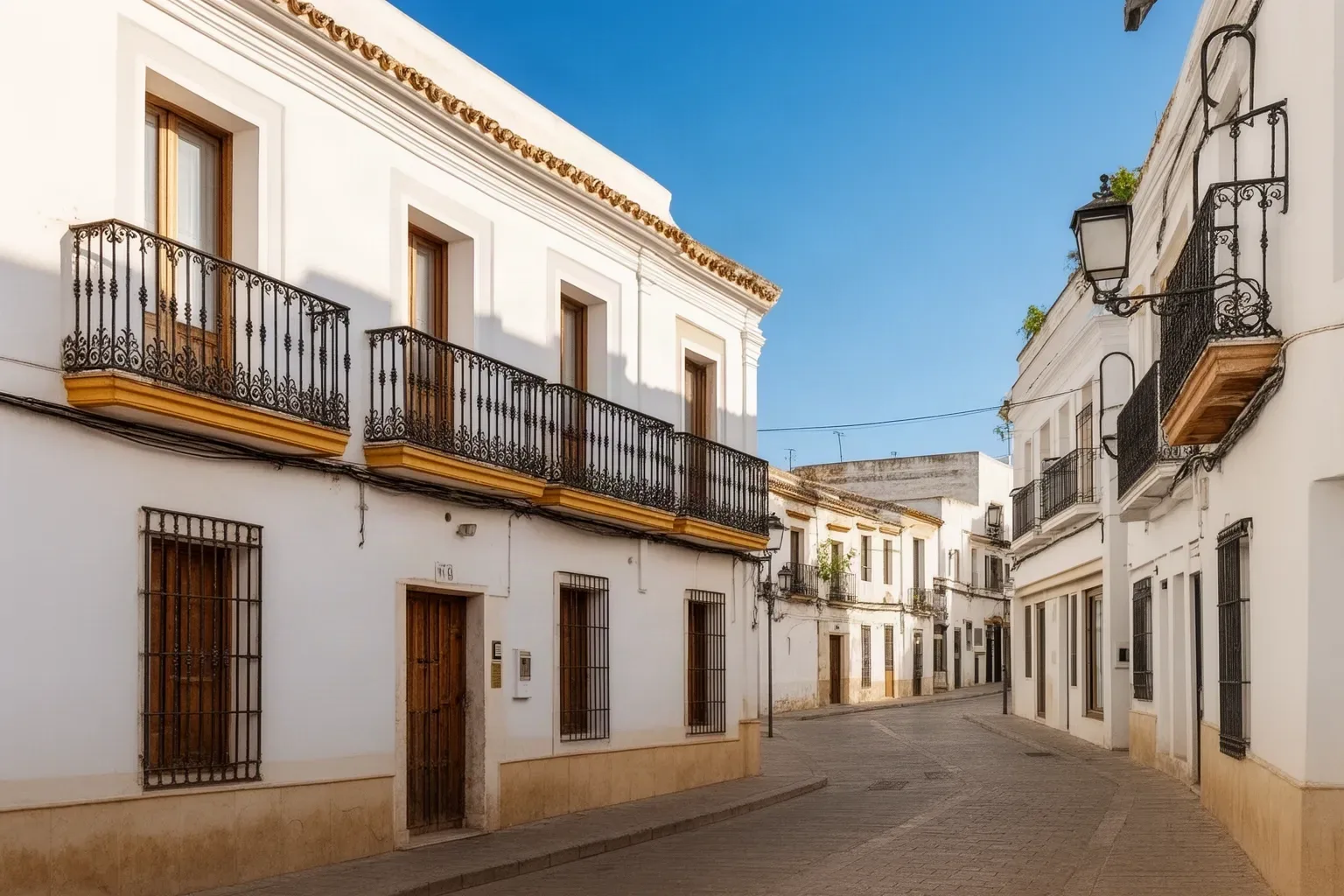 Calle tranquila de Olivares con fachadas blancas y balcones de hierro