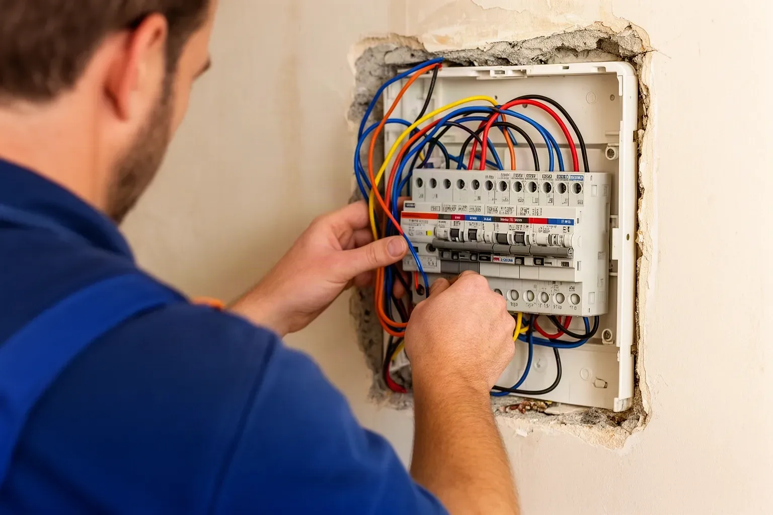 Electricista de espaldas trabajando en un cuadro eléctrico nuevo de una vivienda