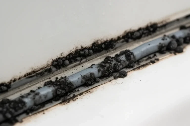 Junta de silicona ennegrecida en una ducha antes de cambiarla