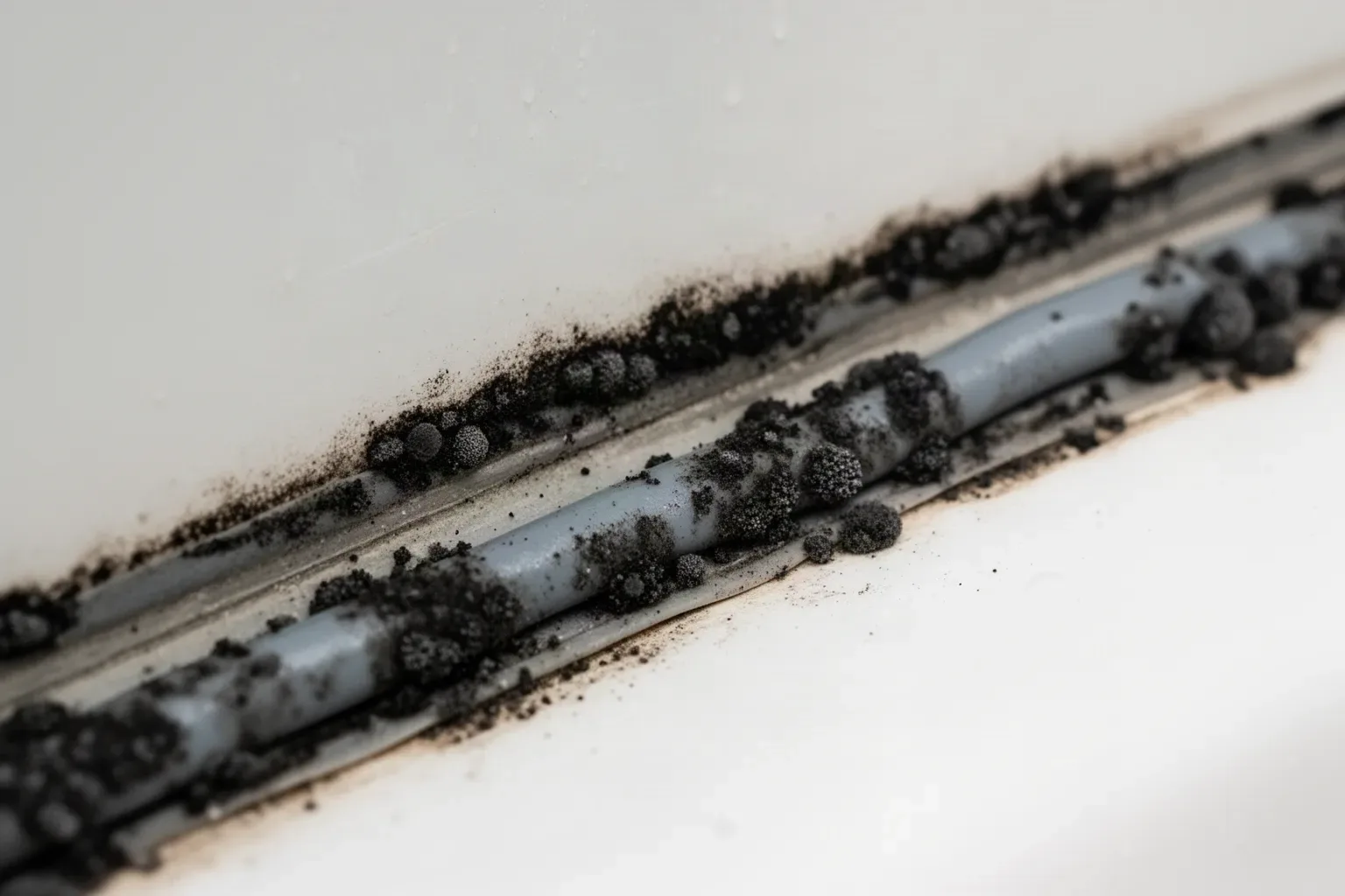 Junta de silicona ennegrecida en una ducha antes de cambiarla
