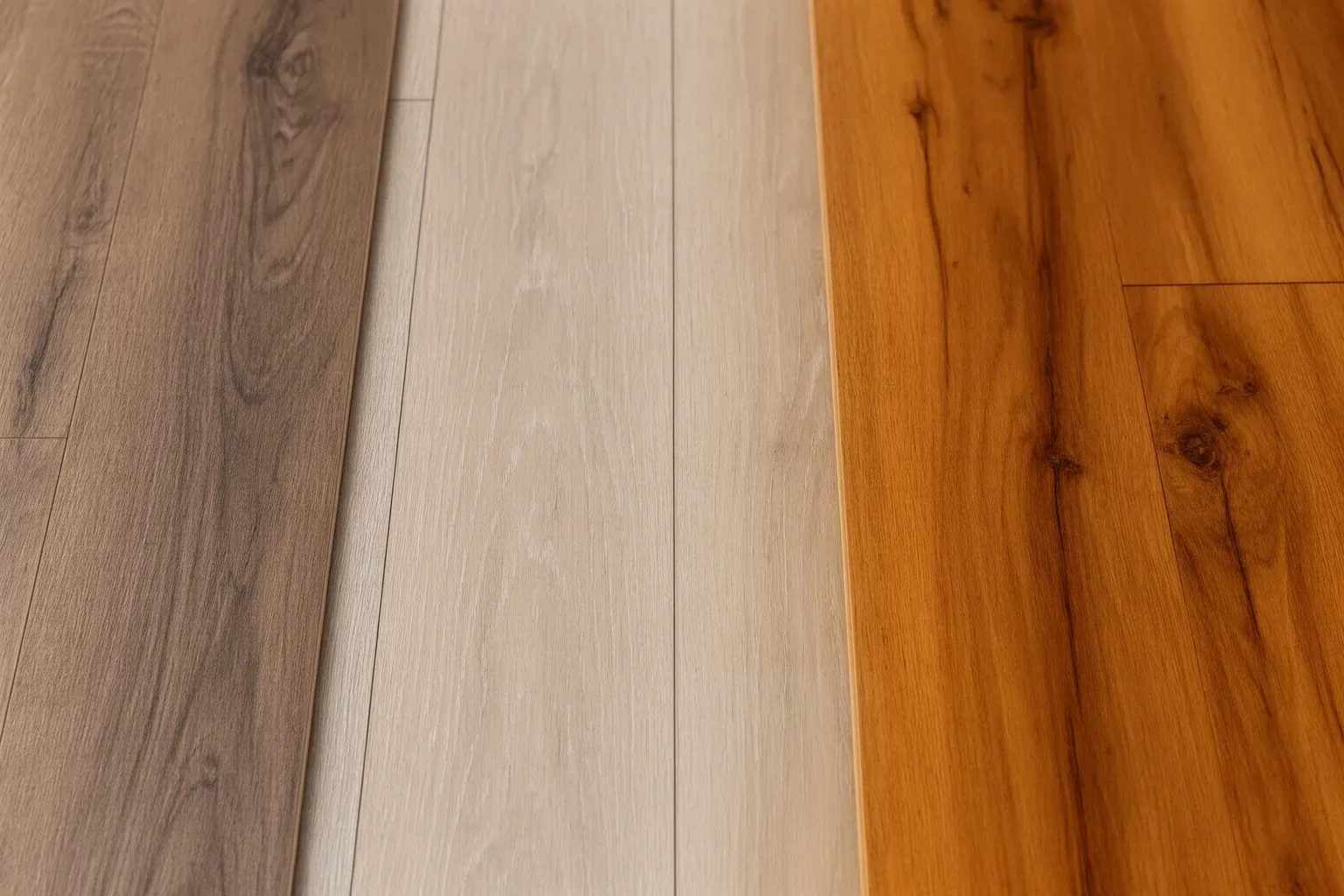 Muestras de suelo laminado, vinílico y tarima de madera sobre el suelo