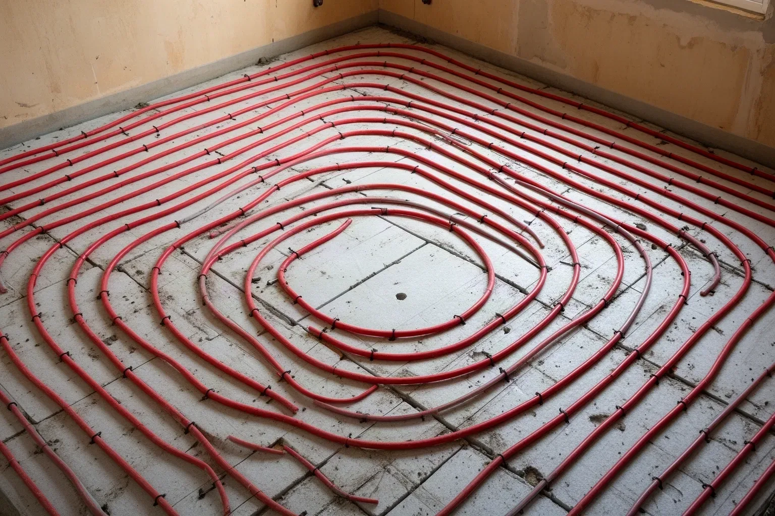 Tubos de suelo radiante instalados sobre el aislamiento antes del mortero
