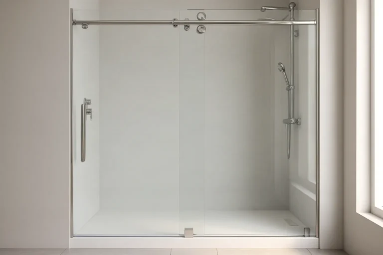Mampara de ducha de cristal templado con puerta corredera en un baño