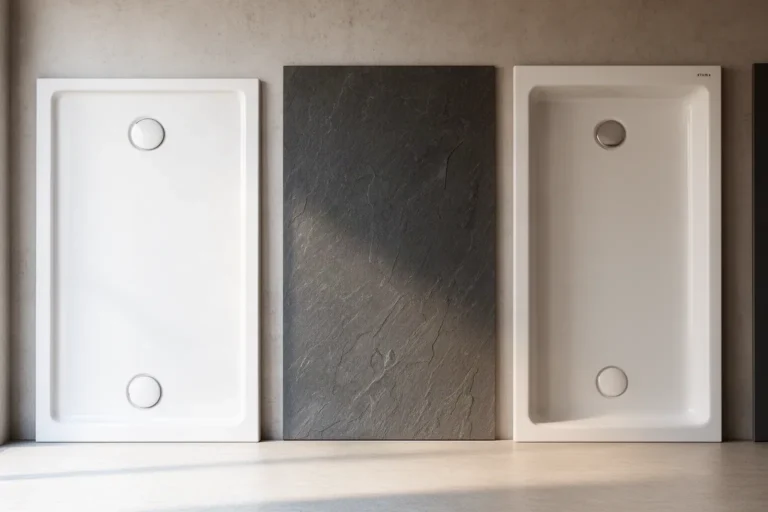Platos de ducha de distintos materiales expuestos uno junto a otro