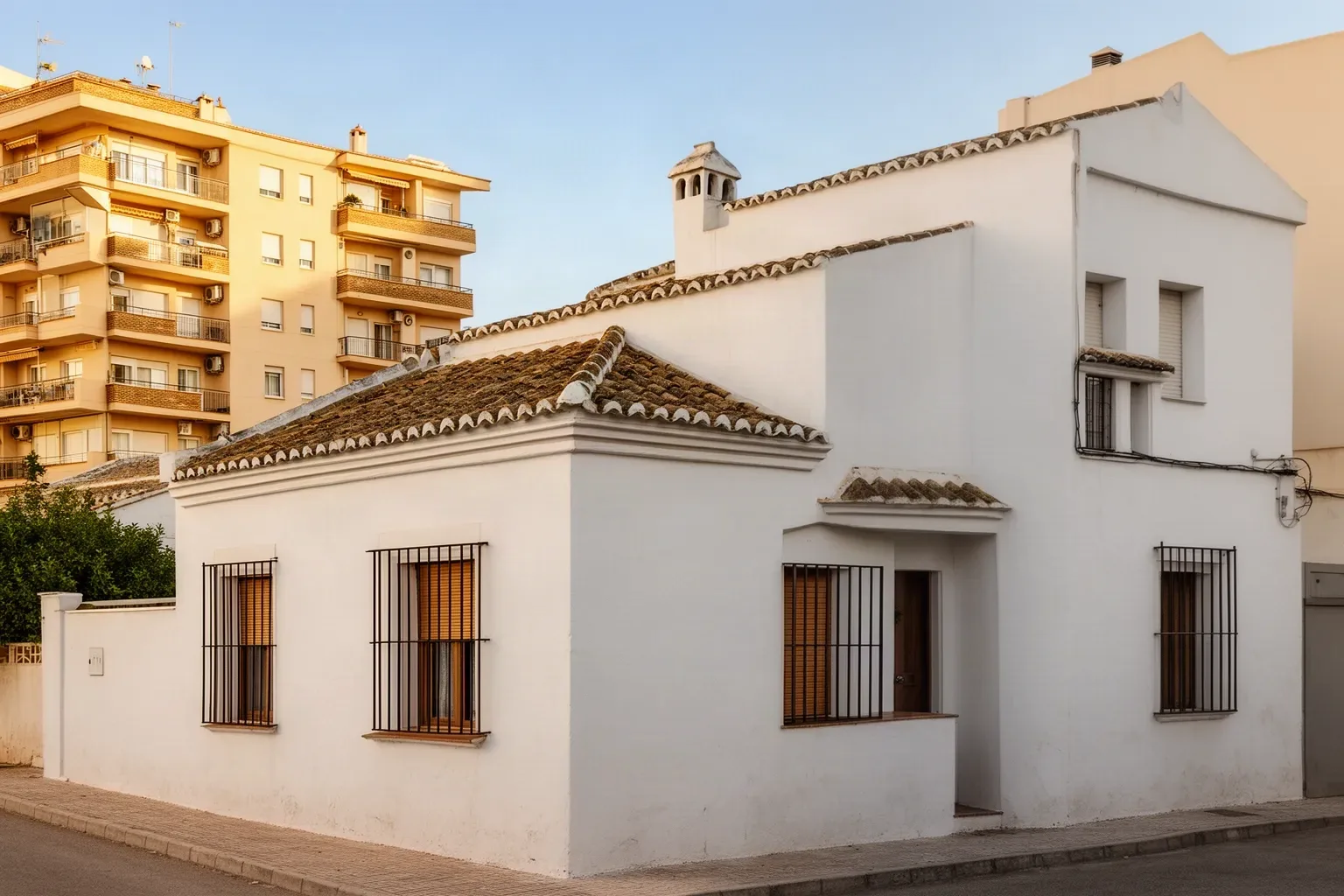 Fachada de una casa unifamiliar andaluza junto a un bloque de pisos