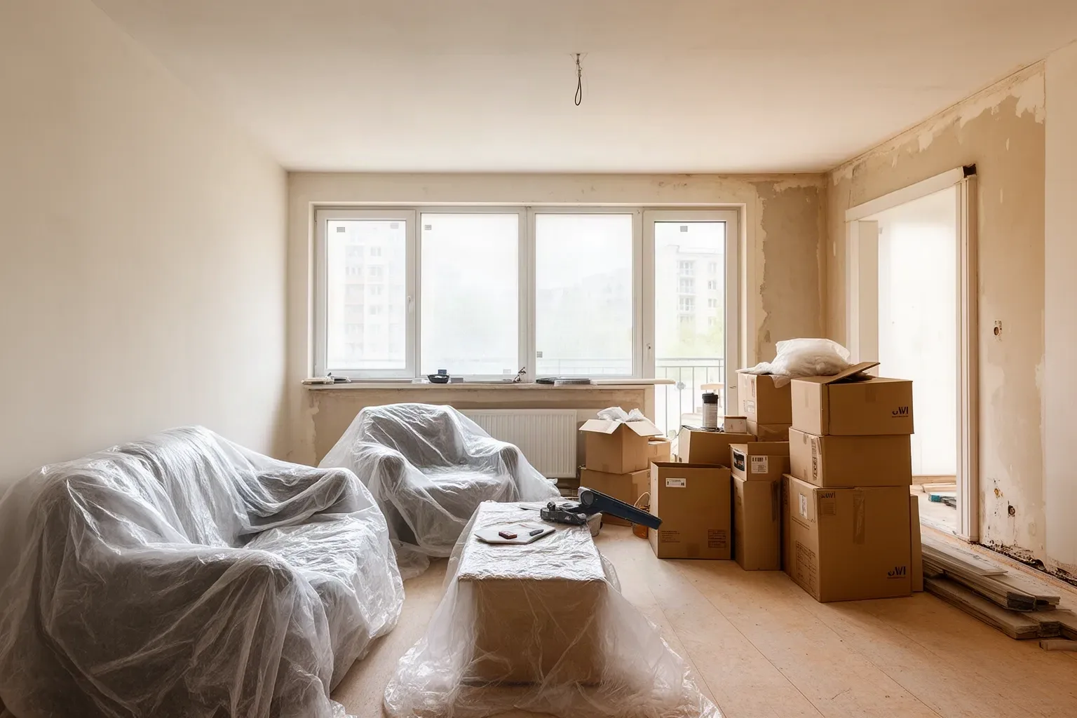 Habitación con muebles cubiertos por plásticos mientras se reforma el resto de la casa